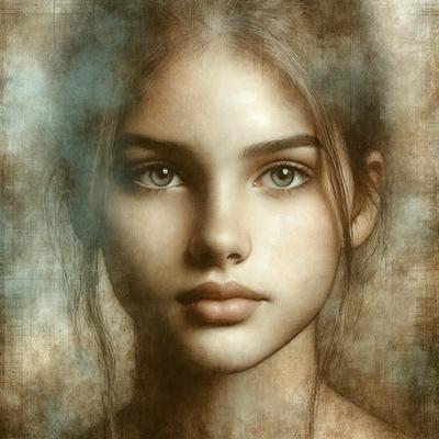 The primary subject of the image is a woman with long hair, looking directly at the camera. She has a beautiful and captivating expression. The setting is a painting, which adds a sense of artistic quality to the image. The visual style is a combination of realism and artistic expression, creating a unique and visually appealing portrait. The colors and mood of the painting are warm and inviting, with the woman's eyes being the focal point of the image.